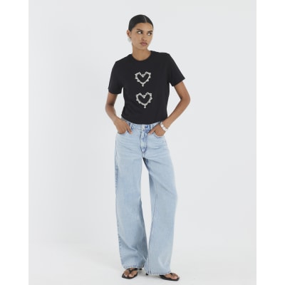 Black Short Sleeve Heart Diamante T-shirt
