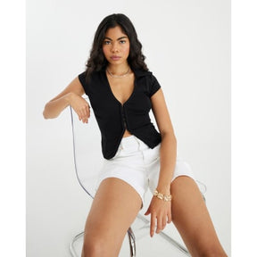 Black Short Sleeve Hook And Eye Polo Shirt