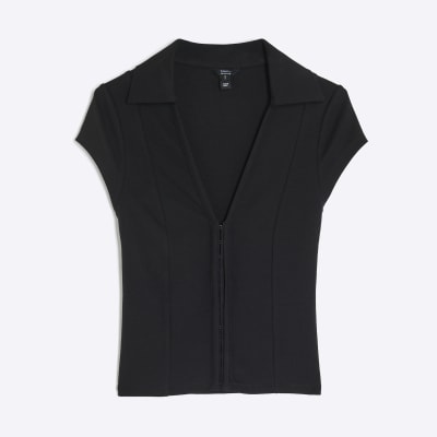 Black Short Sleeve Hook And Eye Polo Shirt