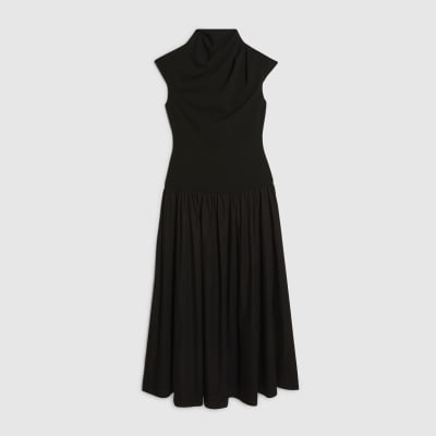 Black Short Sleeve Hybrid Drape Maxi Dress