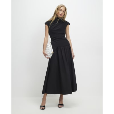 Black Short Sleeve Hybrid Drape Maxi Dress