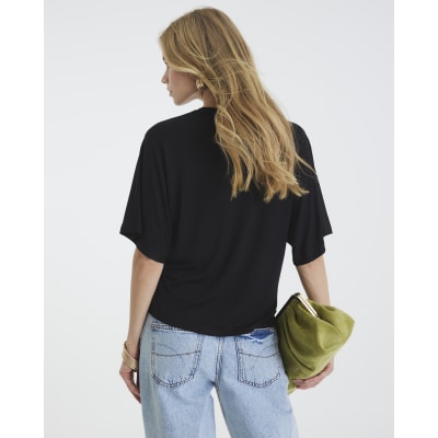 Black Short Sleeve Knot Front Top