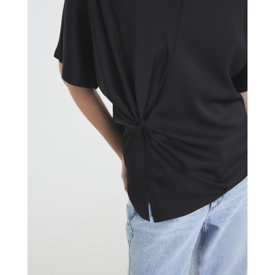 Black Short Sleeve Knot Front Top