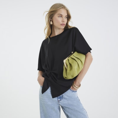 Black Short Sleeve Knot Front Top