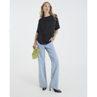 Black Short Sleeve Knot Front Top