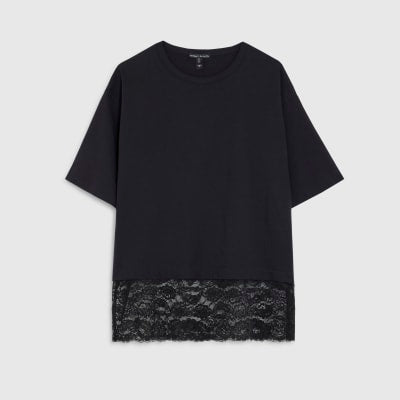 Black Short Sleeve Lace Hem T-shirt