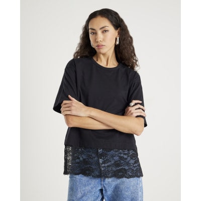 Black Short Sleeve Lace Hem T-shirt