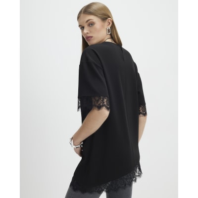 Black Short Sleeve Lace Trim Asymmetric Top