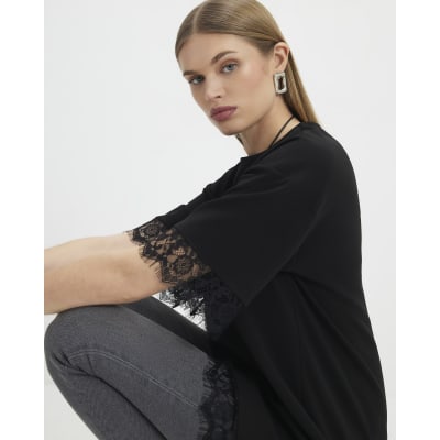 Black Short Sleeve Lace Trim Asymmetric Top