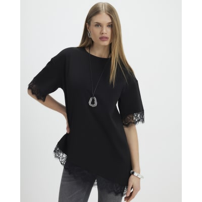 Black Short Sleeve Lace Trim Asymmetric Top