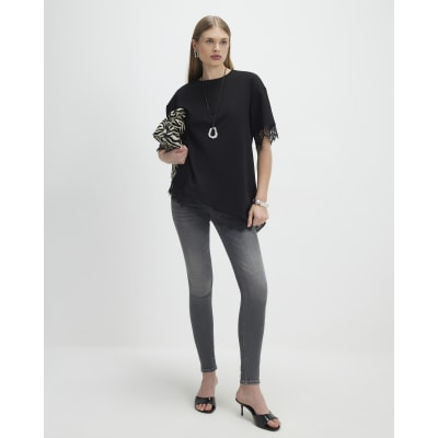 Black Short Sleeve Lace Trim Asymmetric Top