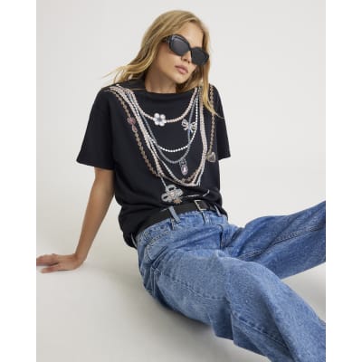 Black Short Sleeve Layered Necklace T-shirt