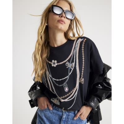 Black Short Sleeve Layered Necklace T-shirt