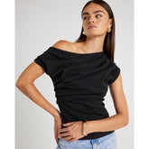 Black Short Sleeve Off Shoulder Drape Top