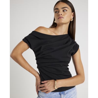 Black Short Sleeve Off Shoulder Drape Top