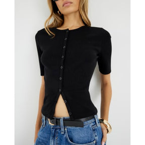 Black Short Sleeve Ribbed Button Through Top