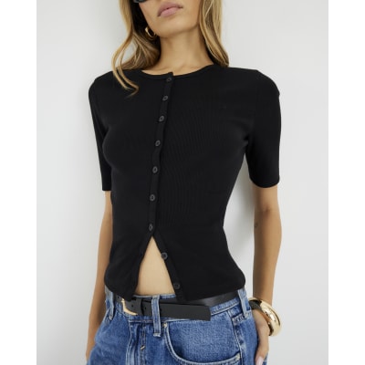Black Short Sleeve Ribbed Button Through Top