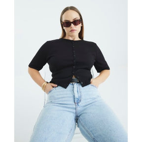 Black Short Sleeve Ribbed Button Through Top
