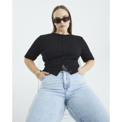 Black Short Sleeve Ribbed Button Through Top