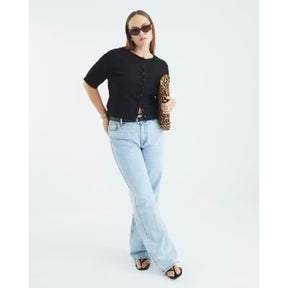 Black Short Sleeve Ribbed Button Through Top