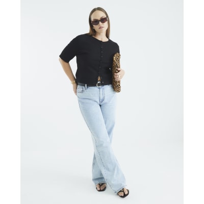 Black Short Sleeve Ribbed Button Through Top