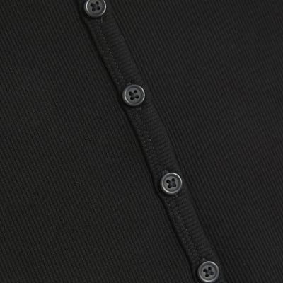 Black Short Sleeve Ribbed Button Through Top
