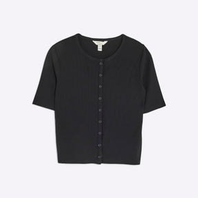 Black Short Sleeve Ribbed Button Through Top