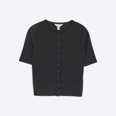 Black Short Sleeve Ribbed Button Through Top