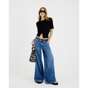 Black Short Sleeve Ribbed Button Through Top