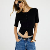 Black Short Sleeve Ribbed Button Through Top