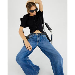 Black Short Sleeve Ribbed Button Through Top