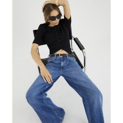 Black Short Sleeve Ribbed Button Through Top