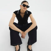 Black Short Sleeve Ribbed Polo Top