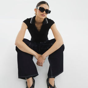 Black Short Sleeve Ribbed Polo Top