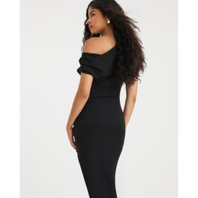 Black Short Sleeve Ruched Midi Dress