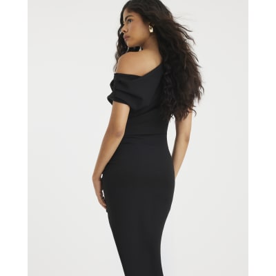 Black Short Sleeve Ruched Midi Dress