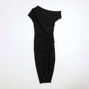 Black Short Sleeve Ruched Midi Dress