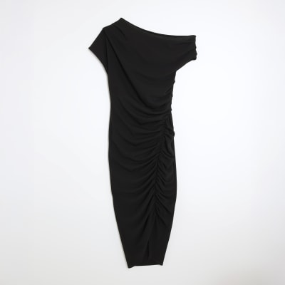 Black Short Sleeve Ruched Midi Dress