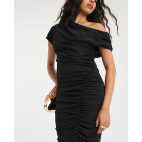 Black Short Sleeve Ruched Midi Dress