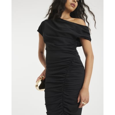 Black Short Sleeve Ruched Midi Dress