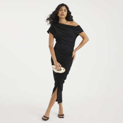 Black Short Sleeve Ruched Midi Dress