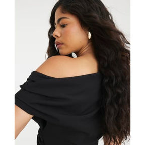 Black Short Sleeve Ruched Midi Dress