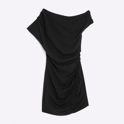 Black Short Sleeve Ruched Mini Dress