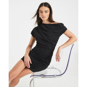 Black Short Sleeve Ruched Mini Dress