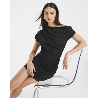 Black Short Sleeve Ruched Mini Dress