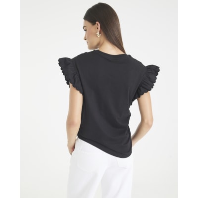 Black Short Sleeve Scallop Trim T-Shirt