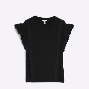 Black Short Sleeve Scallop Trim T-Shirt