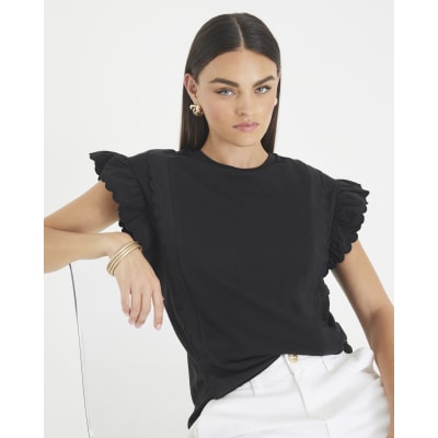 Black Short Sleeve Scallop Trim T-Shirt