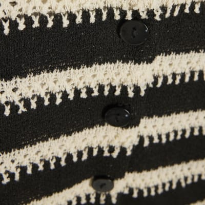 Black Short Sleeve Striped Crochet Shirt
