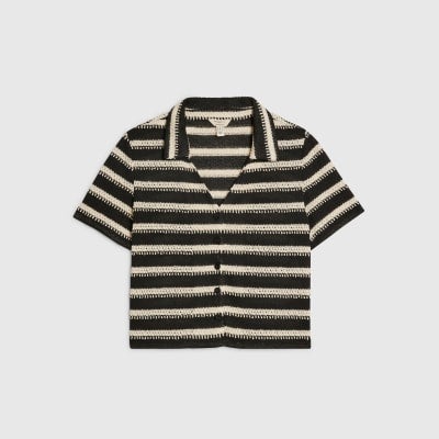 Black Short Sleeve Striped Crochet Shirt